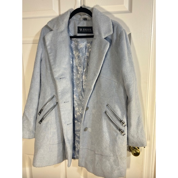 Guess Los Angeles Womens Coat XXL Blue Silver Zipper Detail Floral Lined Jacket - Picture 1 of 7